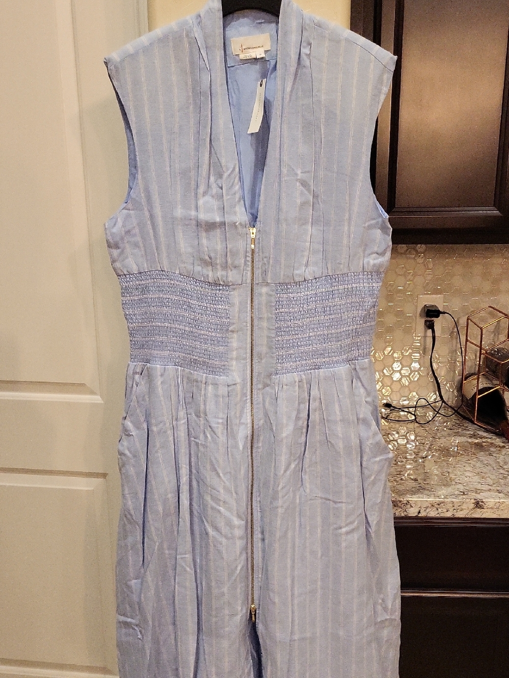 NWT Tommie DRESS ANTHROPOLOGIE Blue And White Striped Zip Up Dress Sz Xl